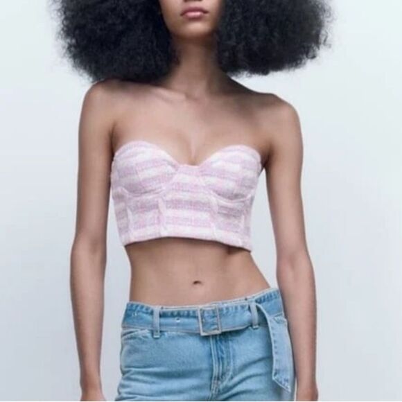 NEW ZARA tweed strapless corset crop top women’s size medium - Picture 1 of 7